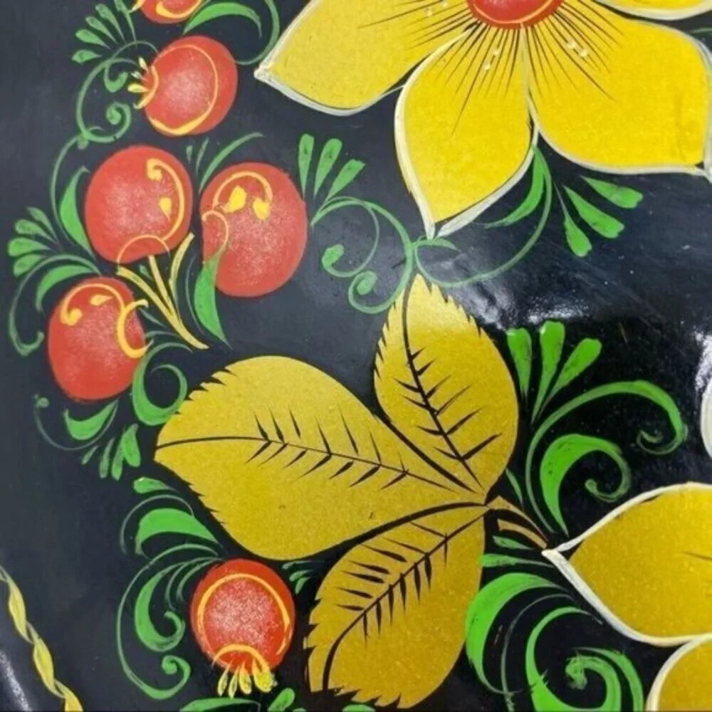 Vintage Russian Lacquerware Hand Painted Red and Gold Floral Plate